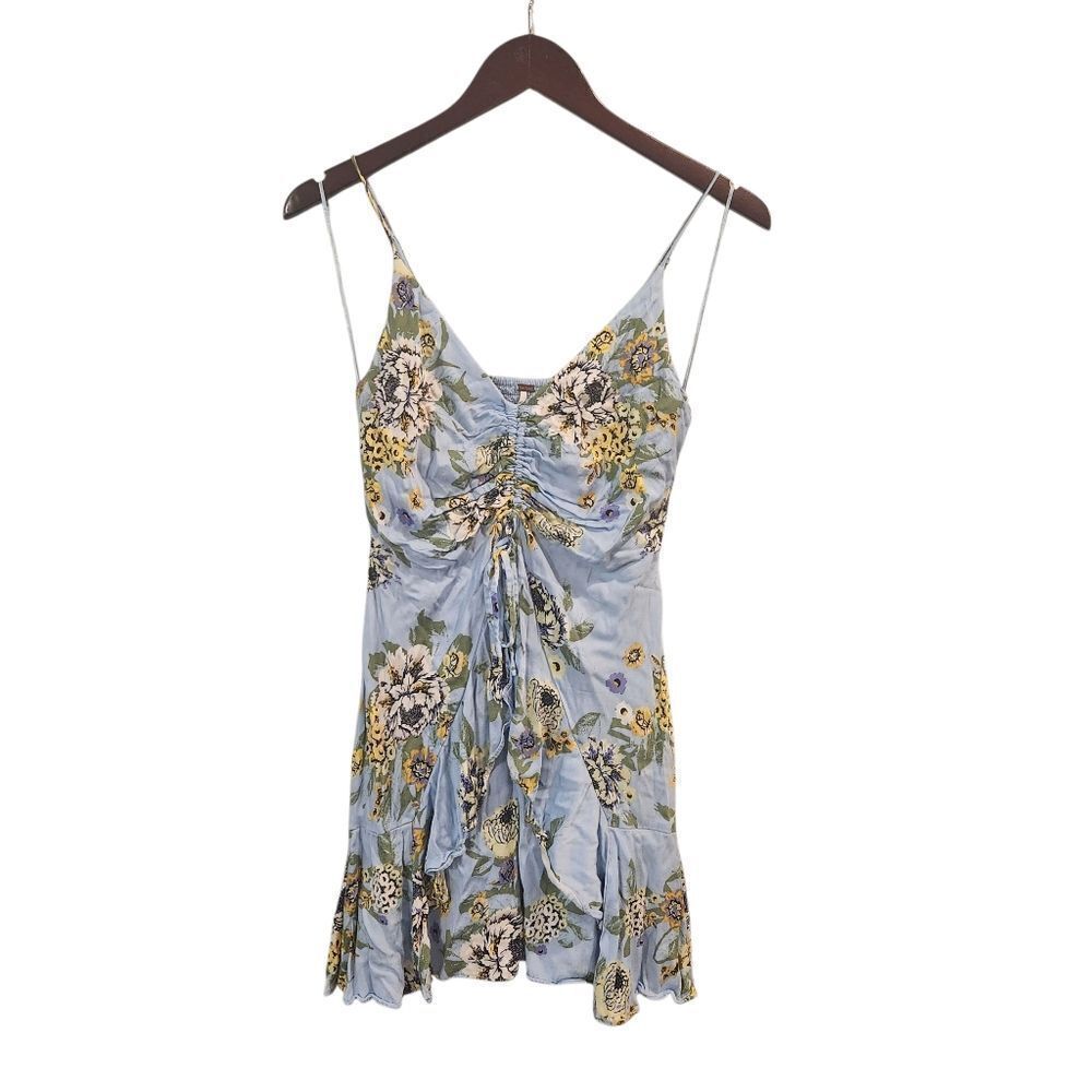 Free People Happy Heart Ruched Blue Floral Dress XS Blue Yellow - Picture 2 of 8